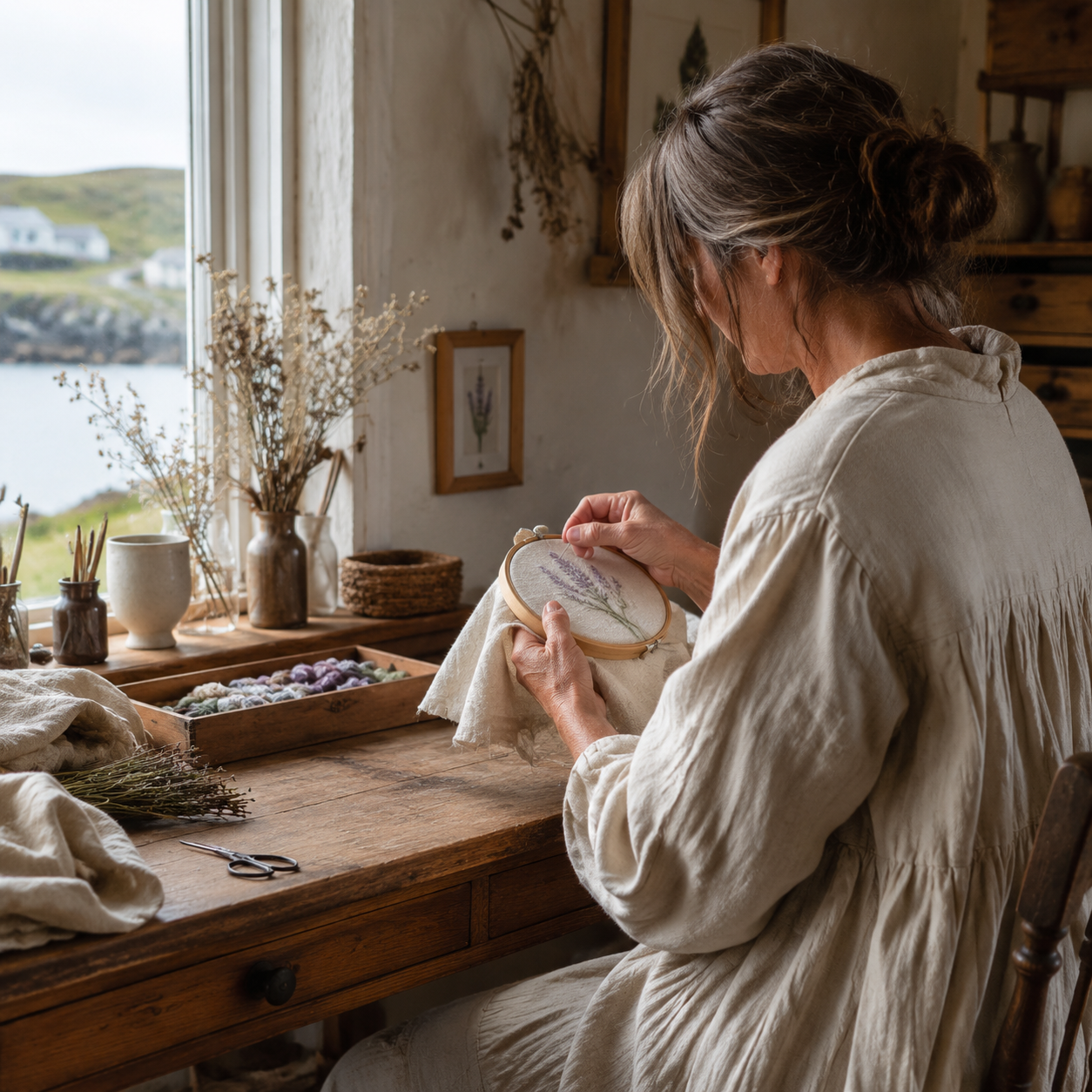 Iona MacRae at her workbench, side profile, embroidering a small hoop in afternoon window light.
