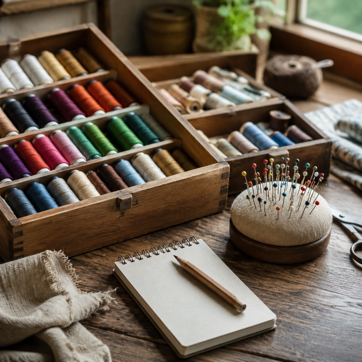 The studio workbench: wooden boxes of organised thread spools, a pincushion, a notebook