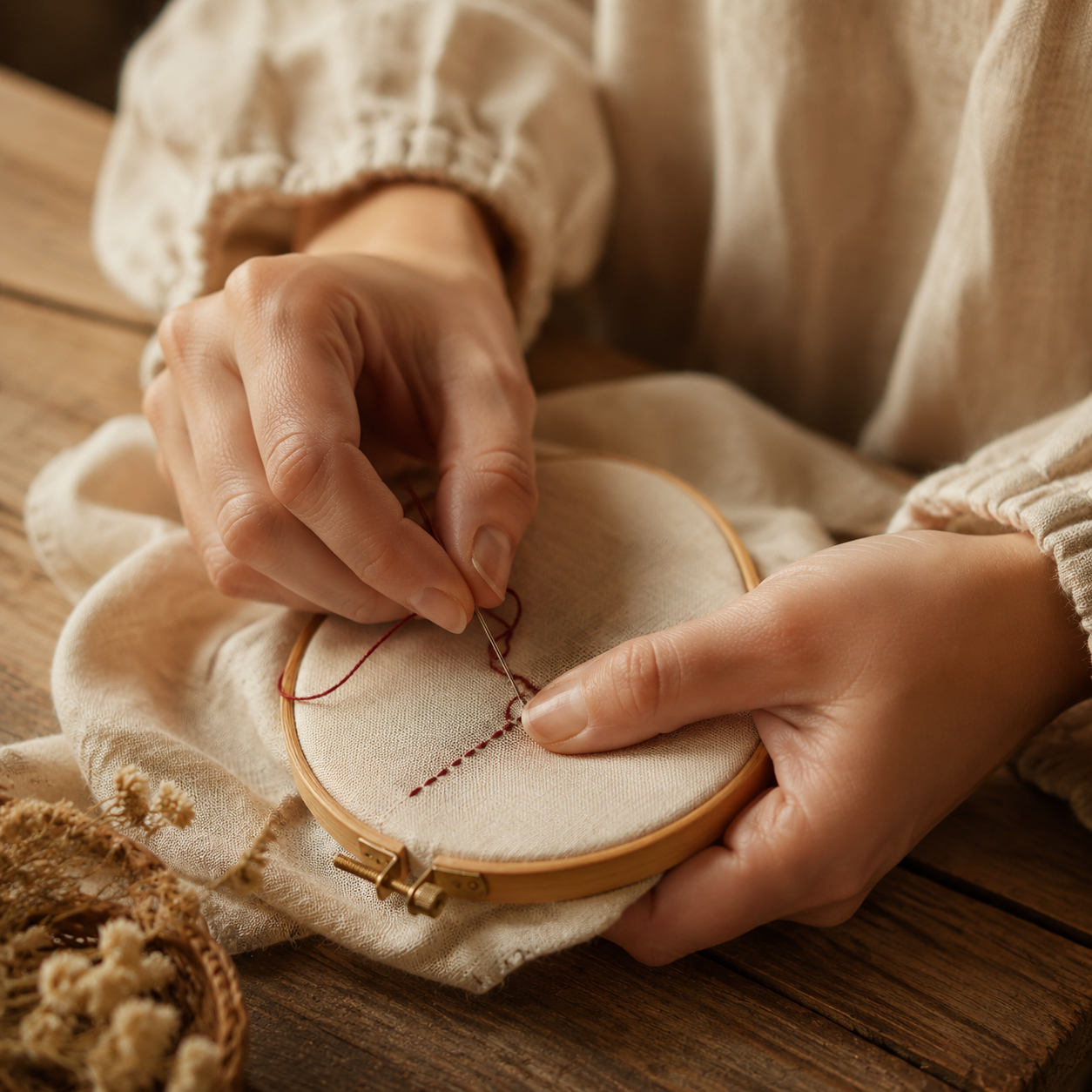 Macro of hands stitching red thread into pale linen