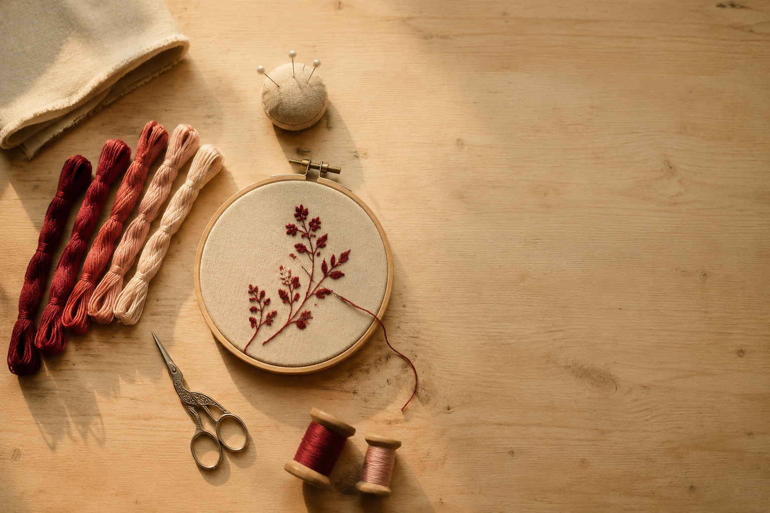 A wooden workbench laid with an embroidery hoop, scissors and skeins of thread in soft afternoon light.