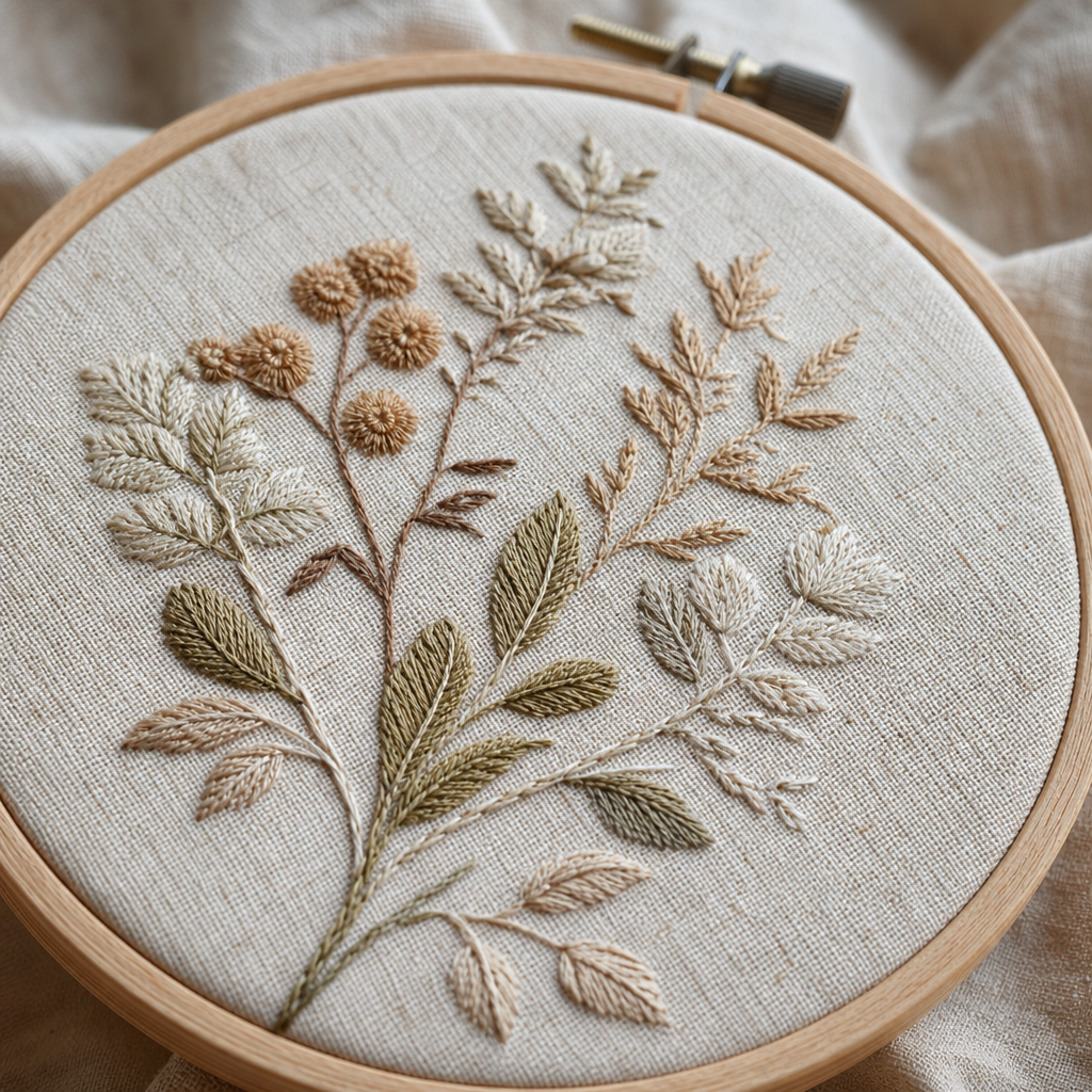 Macro of an embroidered botanical motif