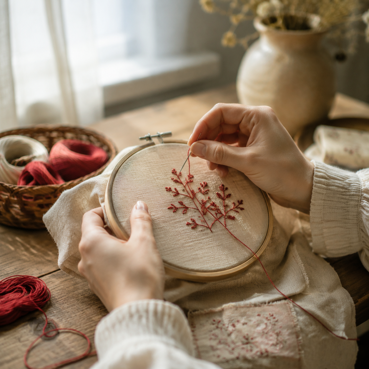 A first hoop, mid-stitch