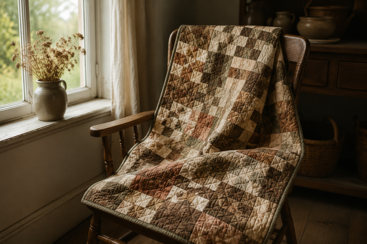 Finished lap quilt draped over a wooden chair