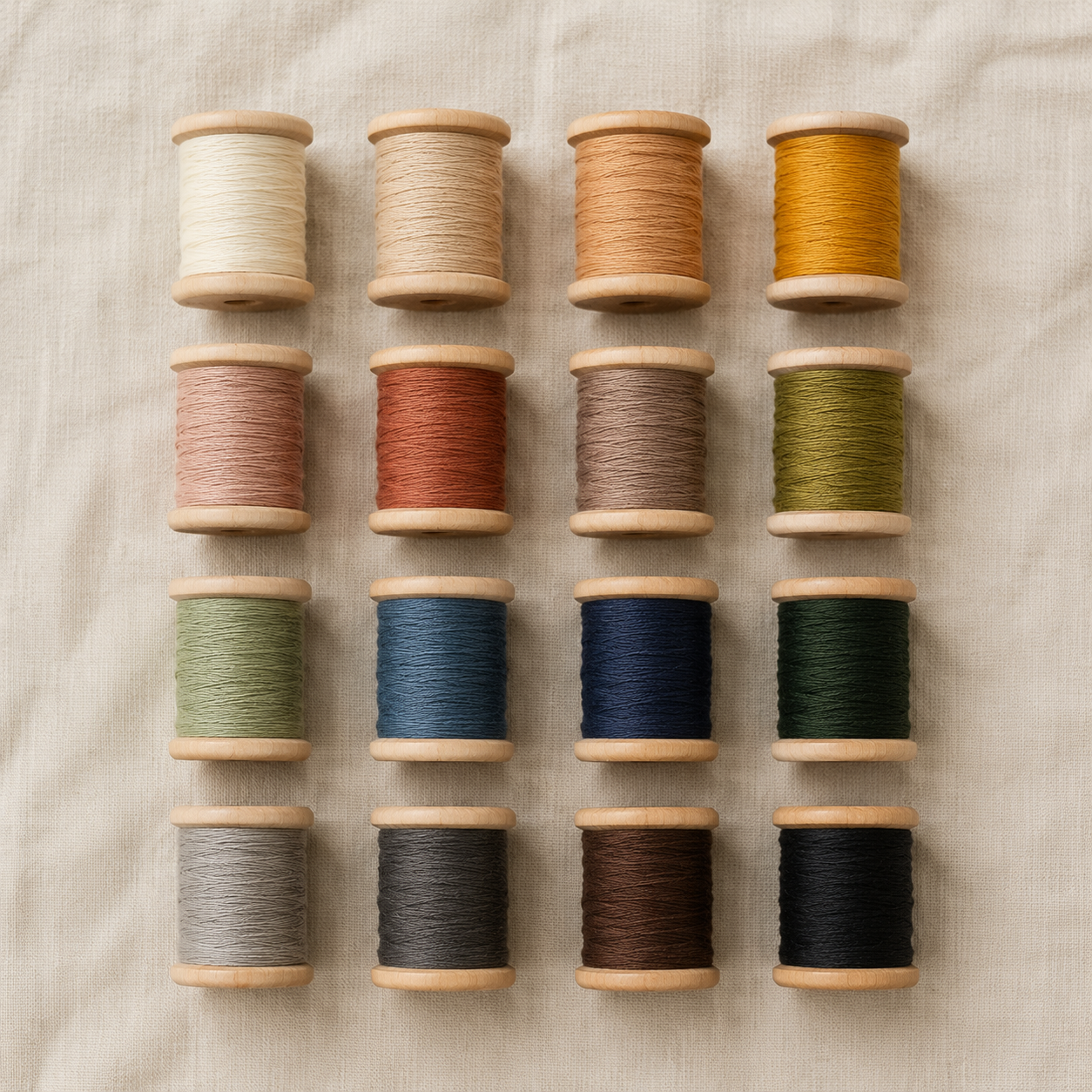 Grid of wooden thread spools in tonal colors