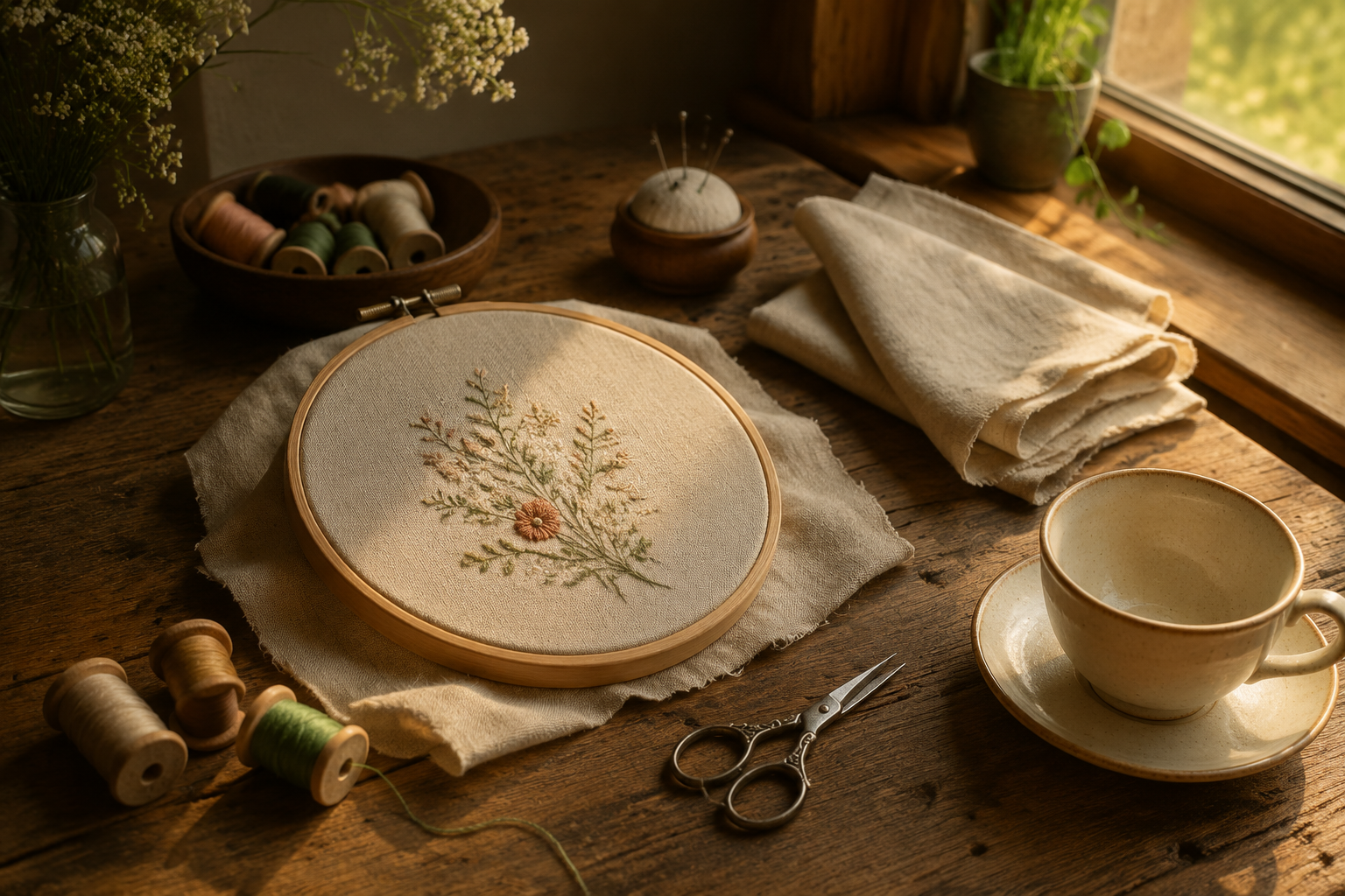 A small workbench laid for embroidery