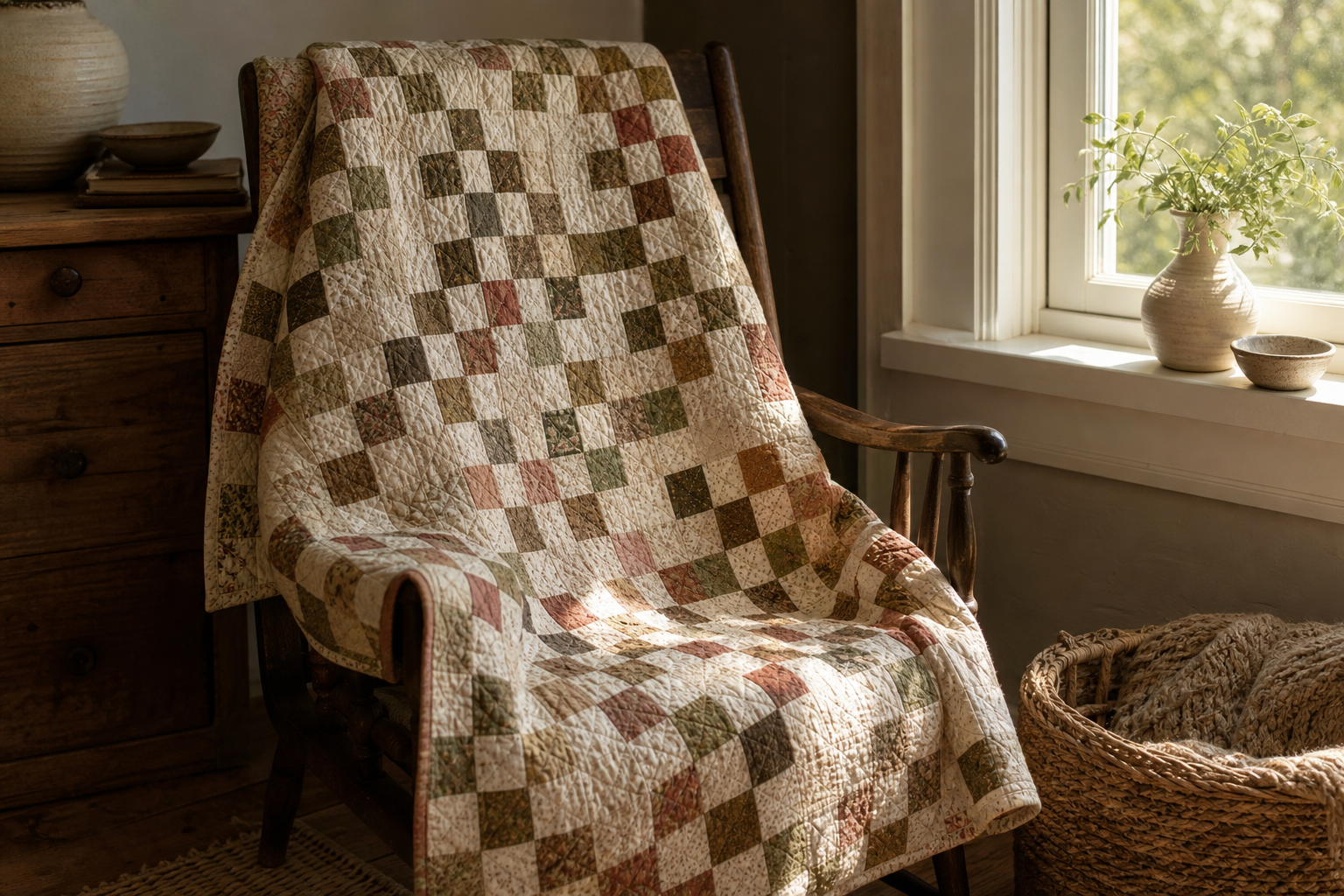 A lap quilt, on a chair